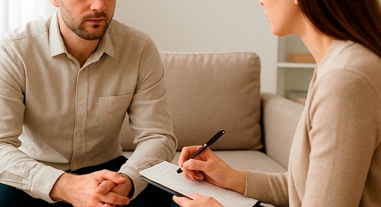 Мужчина  на приеме у психотерапевта